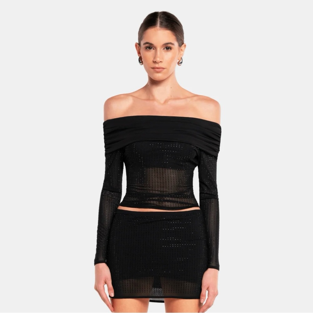 Black Off-Shoulder Rhinestone Top
